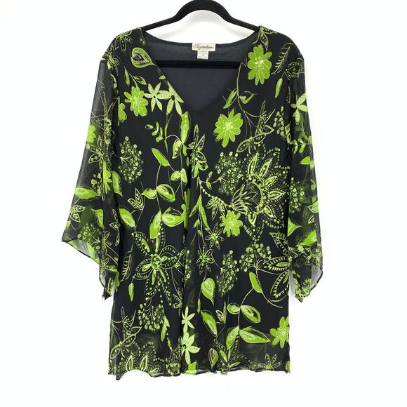 Vintage Signature JMD V-Neck Blouse Womens Size 1X Black Green Sequined Floral - Picture 1 of 5